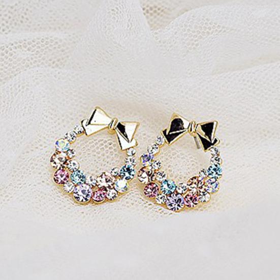 Women Multicolor Rhinestone Inlaid Bowknot Decor Stud Earrings Jewelry Gift