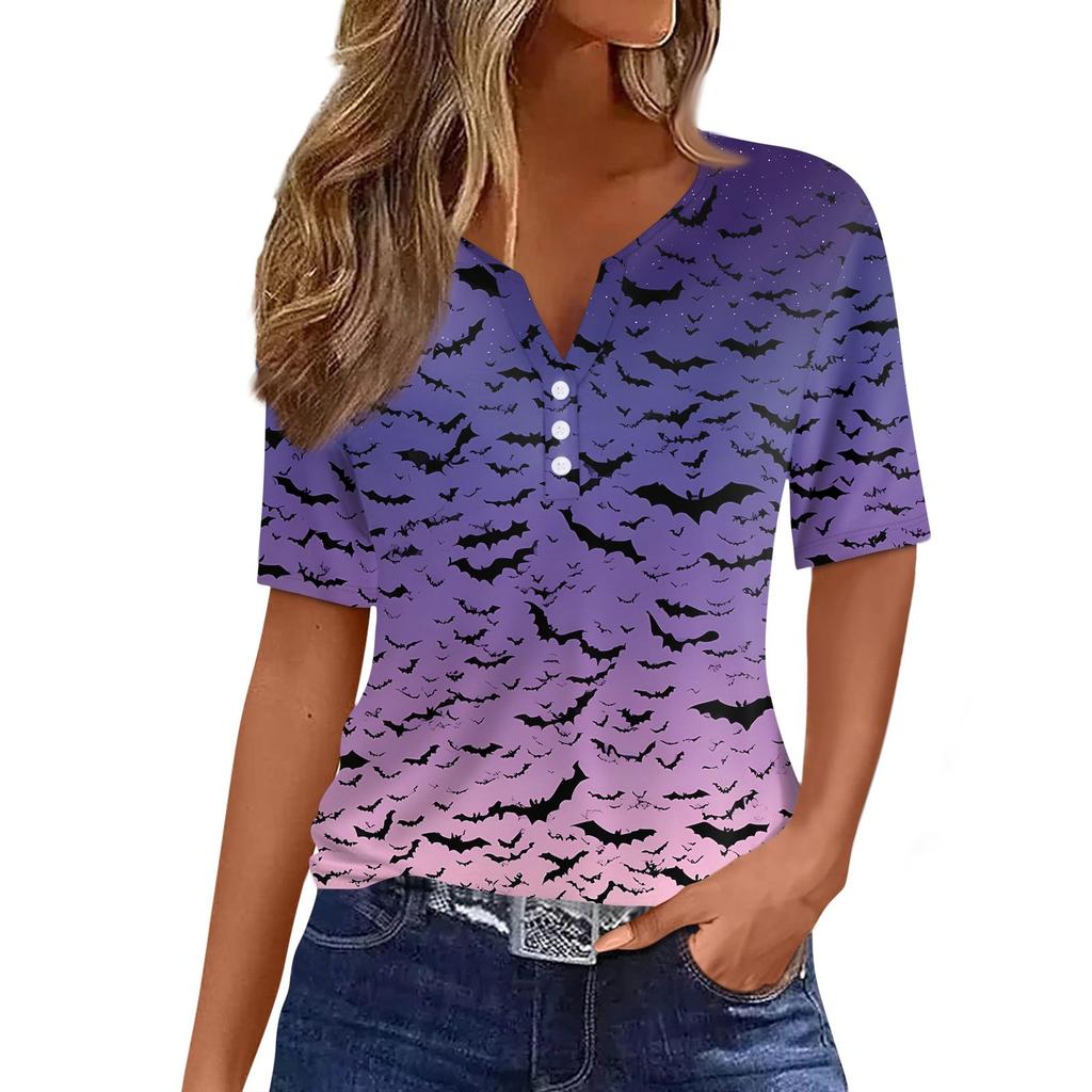 Women's T Shirt Halloween Print Button Short Sleeve Daily Weekend Fashion Basic V- Neck Regular Top
