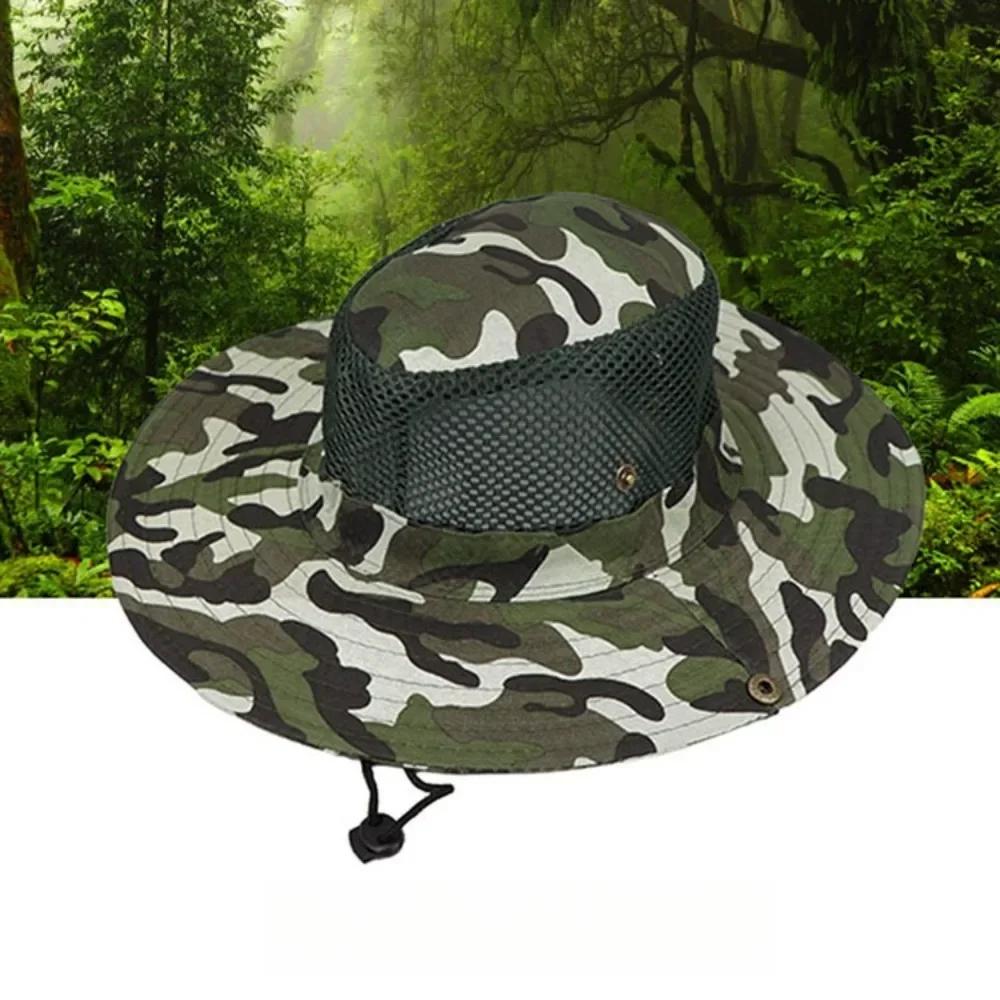 Camouflage Mesh Bucket Hats Wide Brim Beach Hat UV Protection Breathable Hunting Fishing Climbing Hiking Hat Outdoor Men Sun Hat
