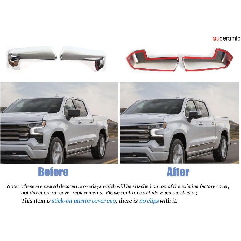 AUCERAMIC Chrome Top Half Mirror Cover Cap Stick-on Trim Fit 2019-2024 for Chevy Silverado GMC Sierra 1500,Chrome Side View Mirror Covers Caps