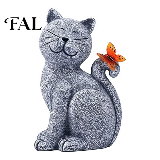 Durable Resin Outdoor Figurine Solar Cat Garden Statue, Cute Sculpture with Butterfly Light, Light Waterproof Animal Statue for Lawn Patio Yard