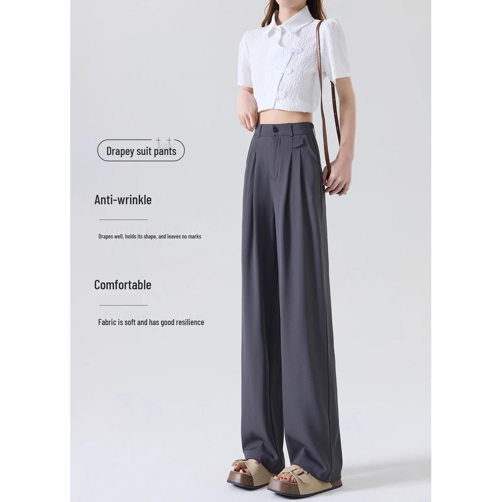 

Женские серые брюки от костюма - Коллекция Весна/Осень 2025: Приталенный крой, Прямые штанины высокого класса, Драпирующиеся широкие штанины. L (Weight 106-115 jin)