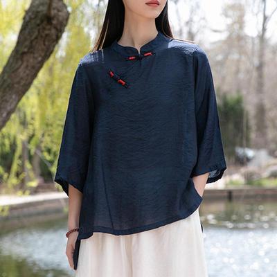 Women Chinese Style Shirts Tops Stand Long Sleeve Button Summer Solid Color Blouses Loose Shirts