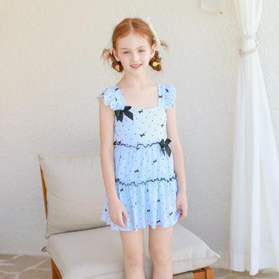 Costume da bagno a pois con fiocco sulla schiena e scollo all'americana in stile coreano per neonati e bambini