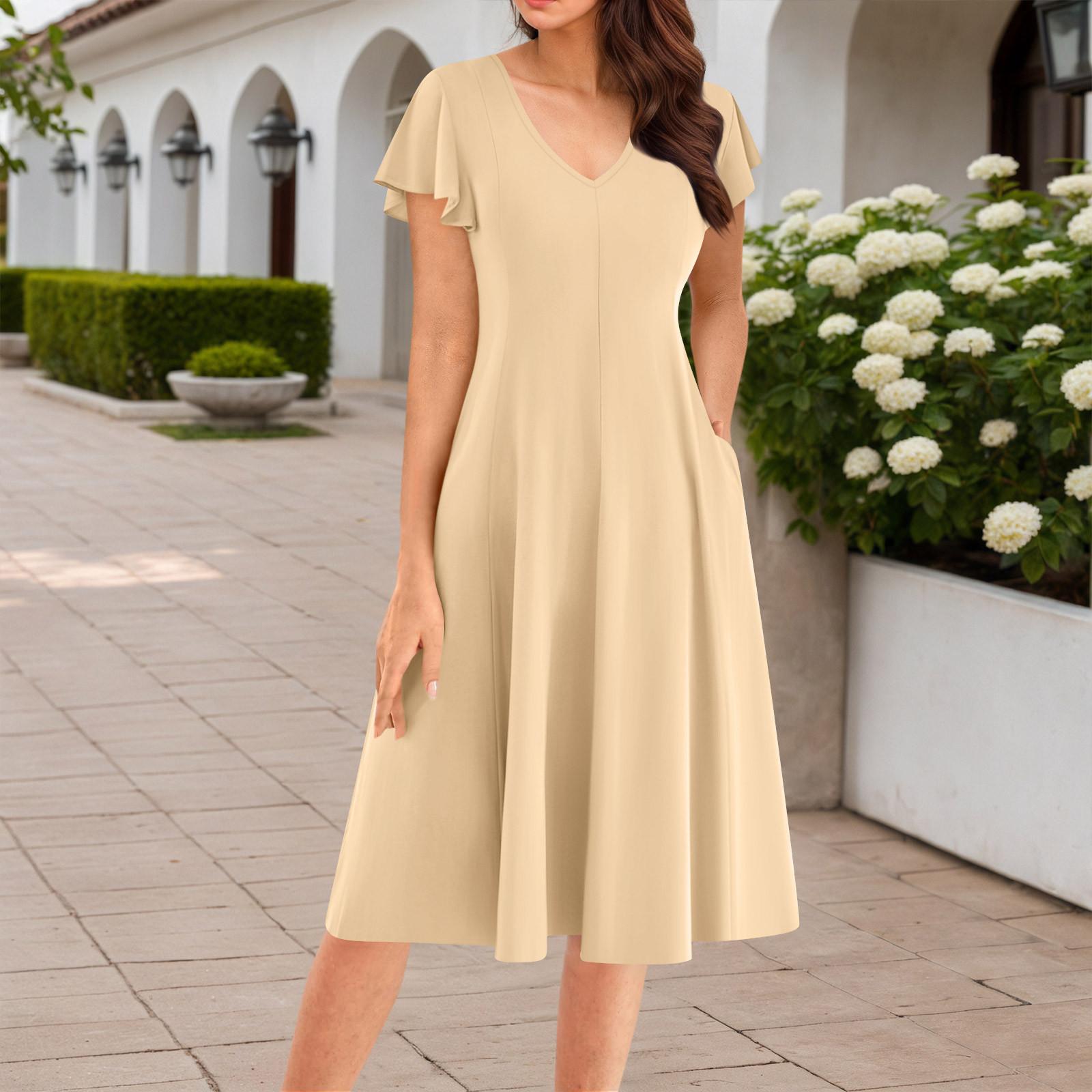 Women s Summer Fashion V-Neck Ruffle Sleeve Retro Elegant Midi Dress L бежевый