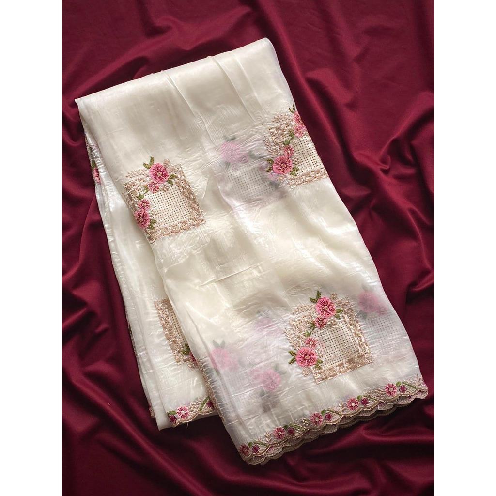 Pure Paper Silk Crush Saree  Beautiful Floral Embroidery All Over