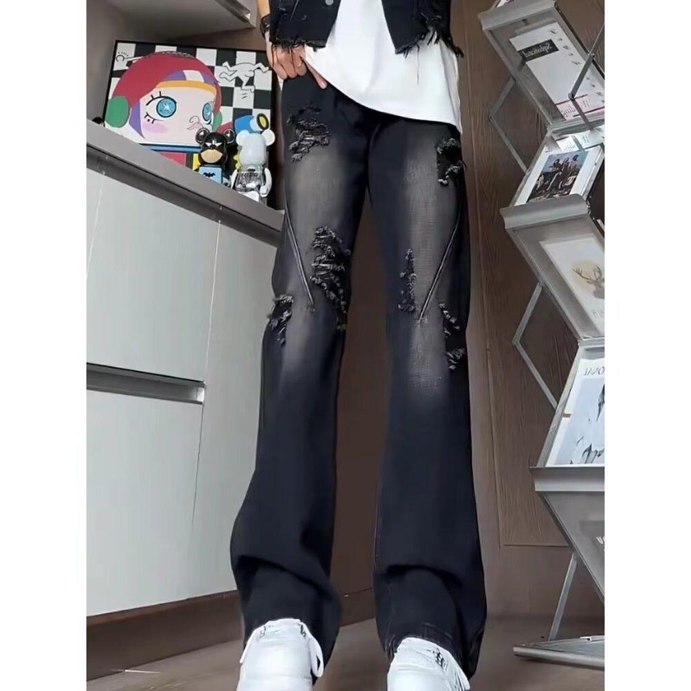 Jeans men's summer thin yellow mud ripped slim straight pants high street trendy brand ruffian handsome casual pants