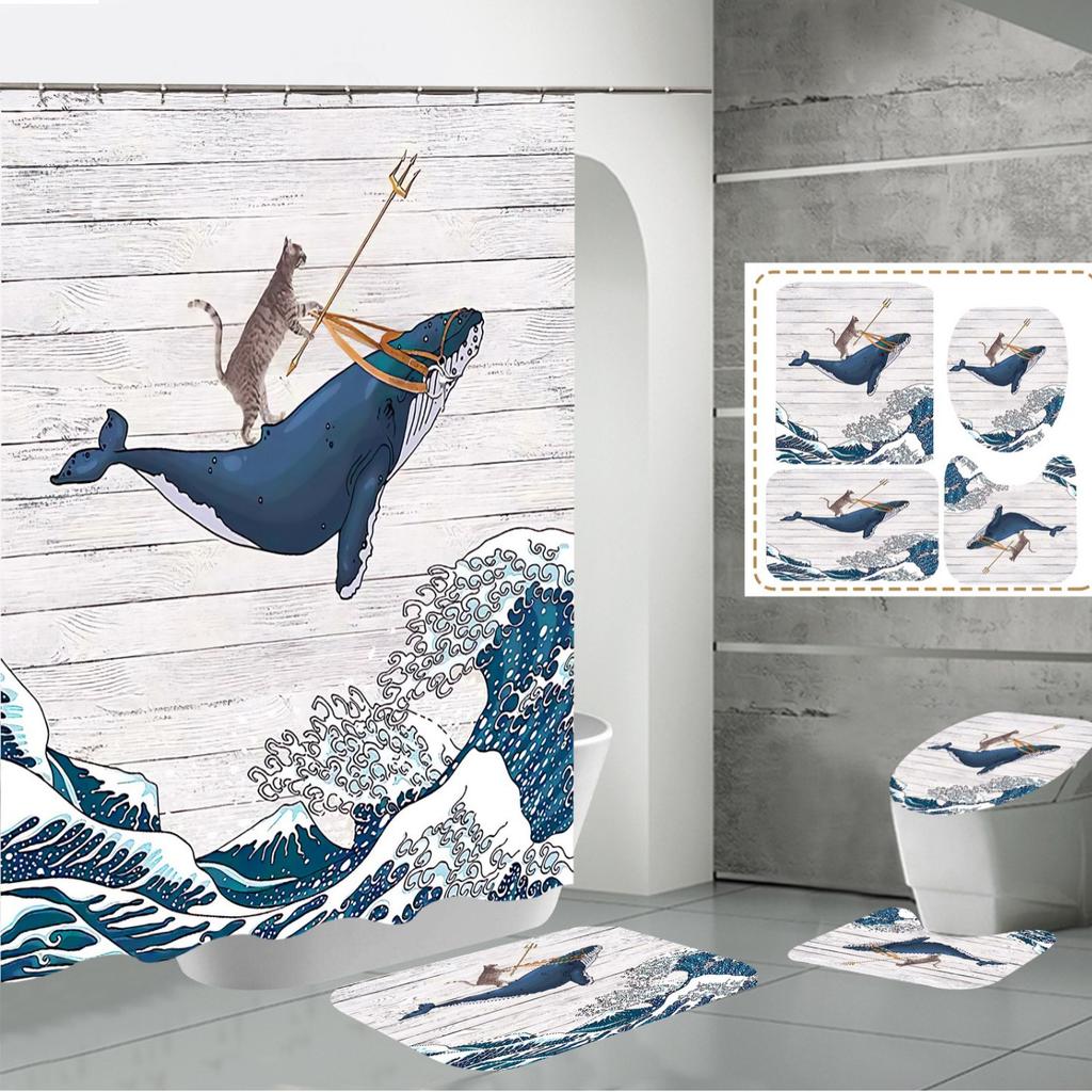 Shower Curtain Four-Piece 3D Digital Printing Shower Curtain Underwater Animal Bathroom Partition Shower Curtain