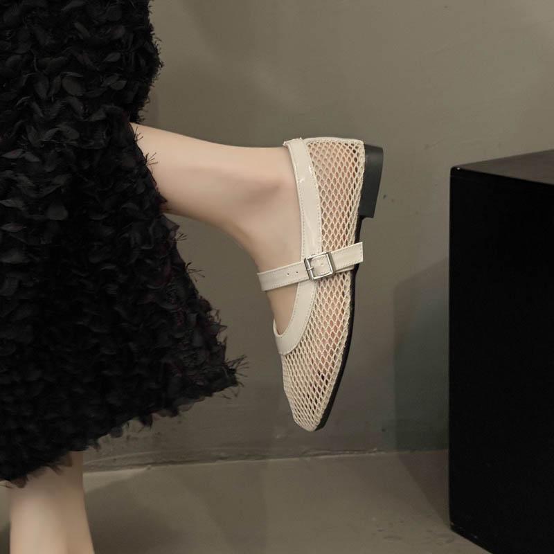 Fashion Weaving fishing net hollow ballet shoes for women in summer 2025, flat mesh mesh Mary Jane shoes, minimalist sandals