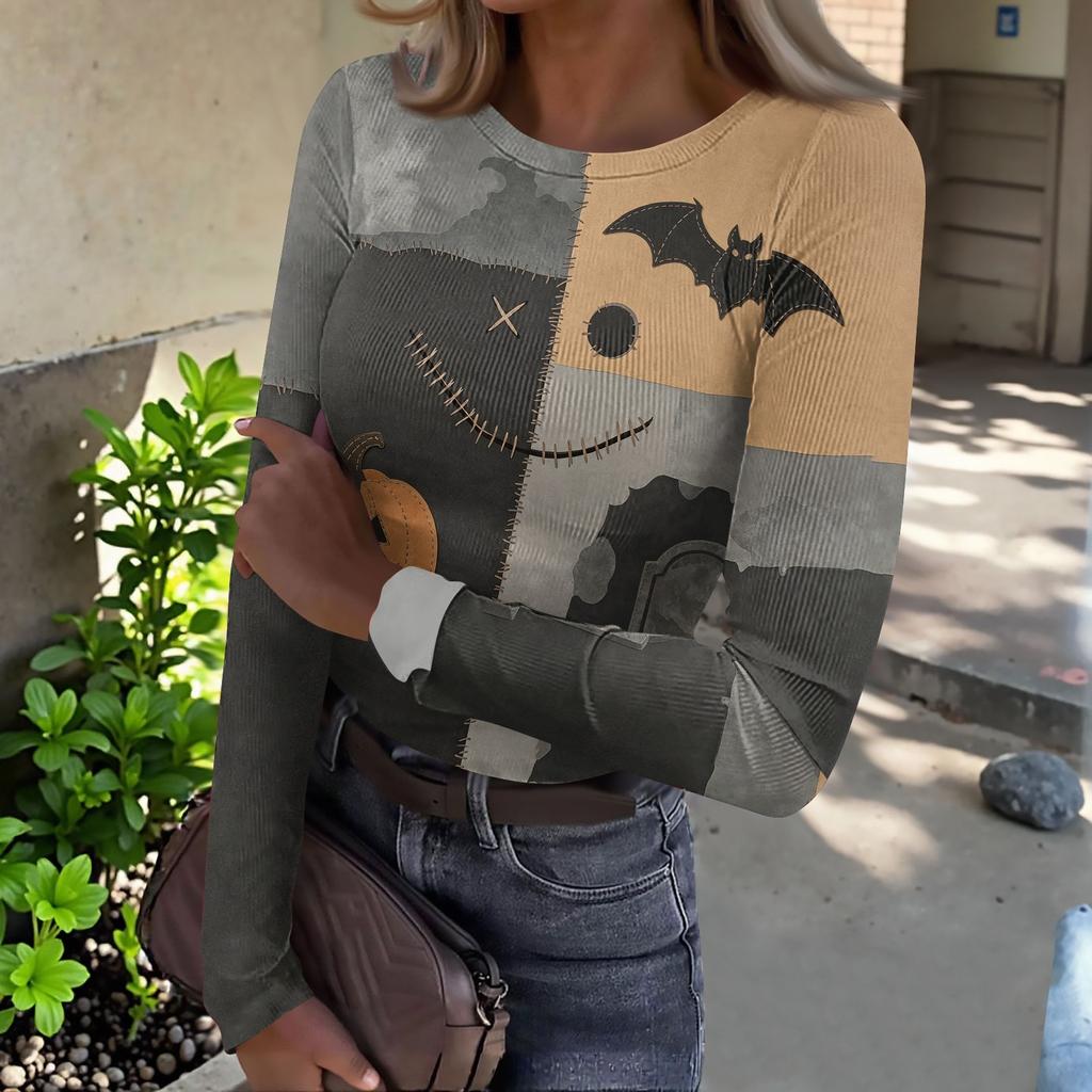 Women Halloween Print Long Sleeve Slim Fit Crew Neck Base Shirt Stretchy Ribbed Fabric Casual Top for Autumn and Winter