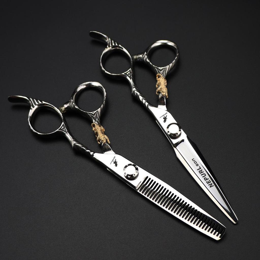 6" DMX-31 Premium Hairdressing Scissors Set: Straight, Serrated, Thinning Shears - Little Golden Tiger 7H