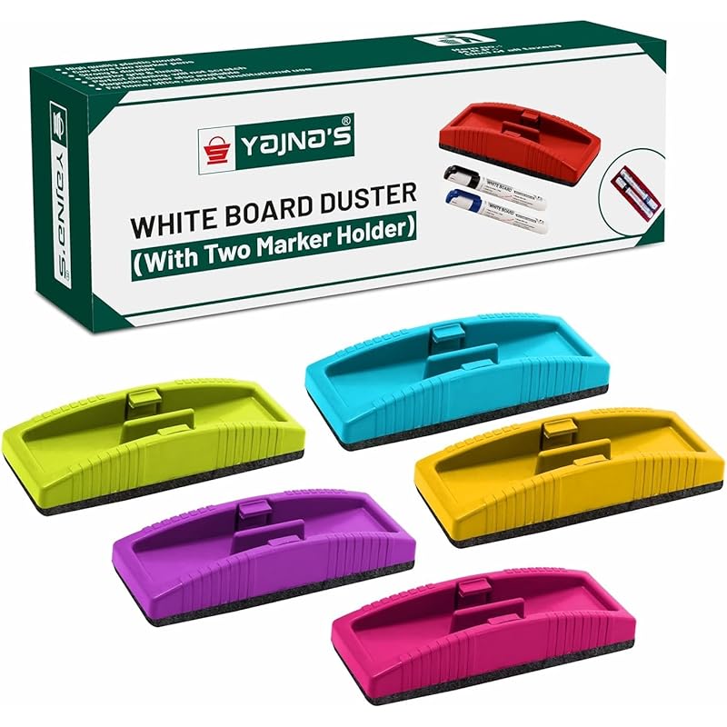 Yajnas Non Magnetic Whiteboard Duster & Markers | Set Of 5 | Assorted Ink Colours Markers For School & Office Stationery