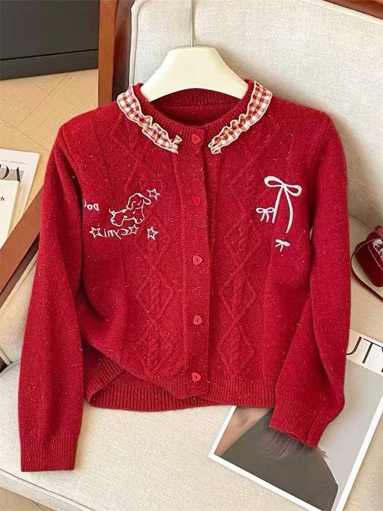 French Embroidered Bow Heart Button Knit Cardigan - Trendy Soft Fluffy Women's Coat for Spring & Autumn.