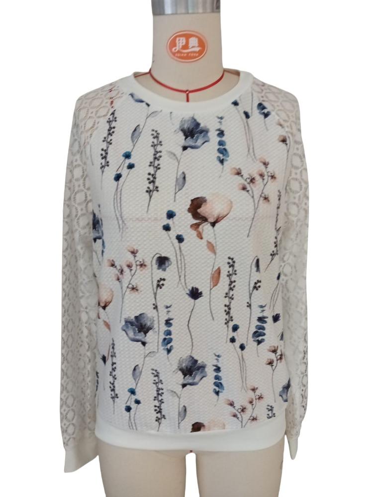 Waffle Floral Printed Hollowed Out Lace Splicing Sleeve Long Sleeve T-Shirt Tops Women's Versatile Closet Essential Fashion Items Shirt