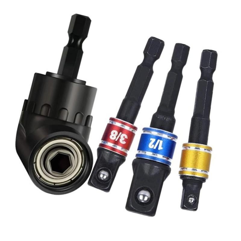 4Pcs Drill Adapter 105° Angled Bit 1/2in 3/8in 1/4in 360° Socket Adapters for Nut Screw