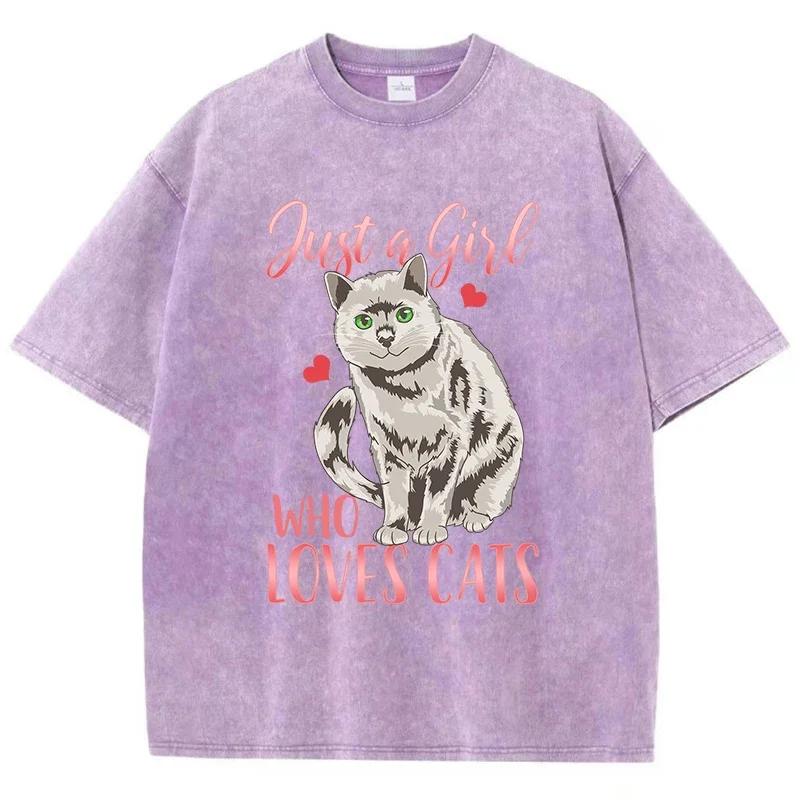 Just A Girl Who Loves Cats Print Women Distress Tshirts Summer Fashion Washed T-Shirt Breathable Tee Shirts Soft Cute Clothes S разноцветный