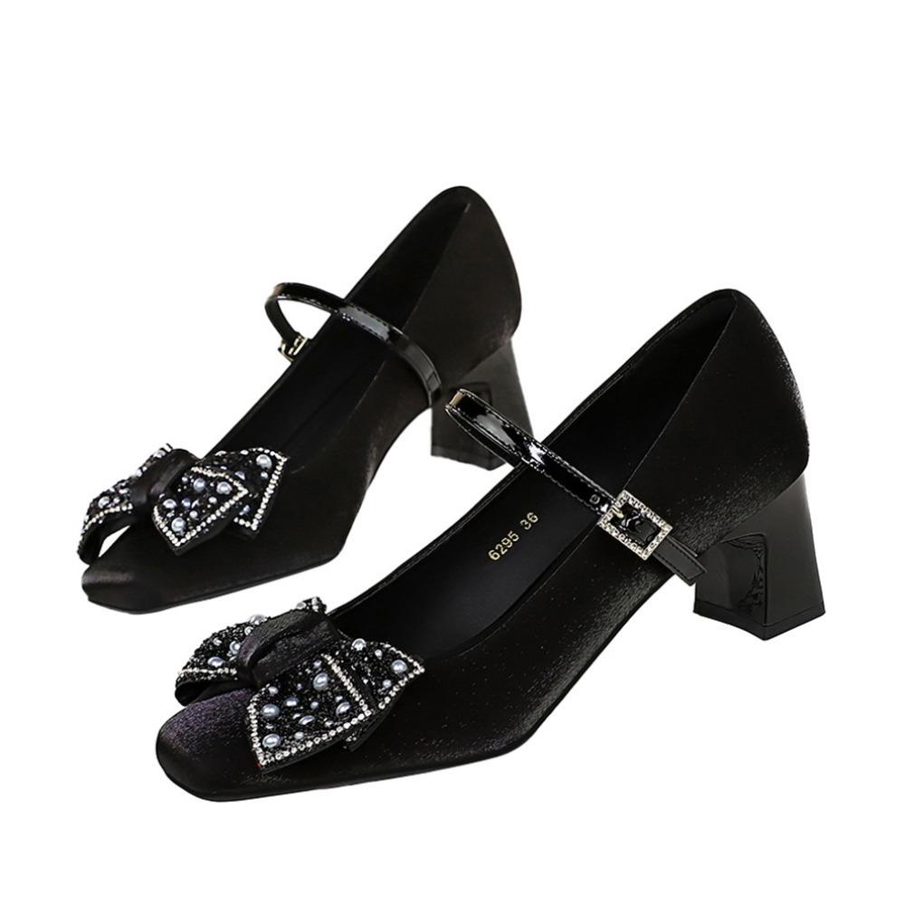 Thick Heel Medium Heel Single Shoes Women's Rhinestone Bow Versatile Satin One-word Buckle Strap Square Head Mary Jane Shoes