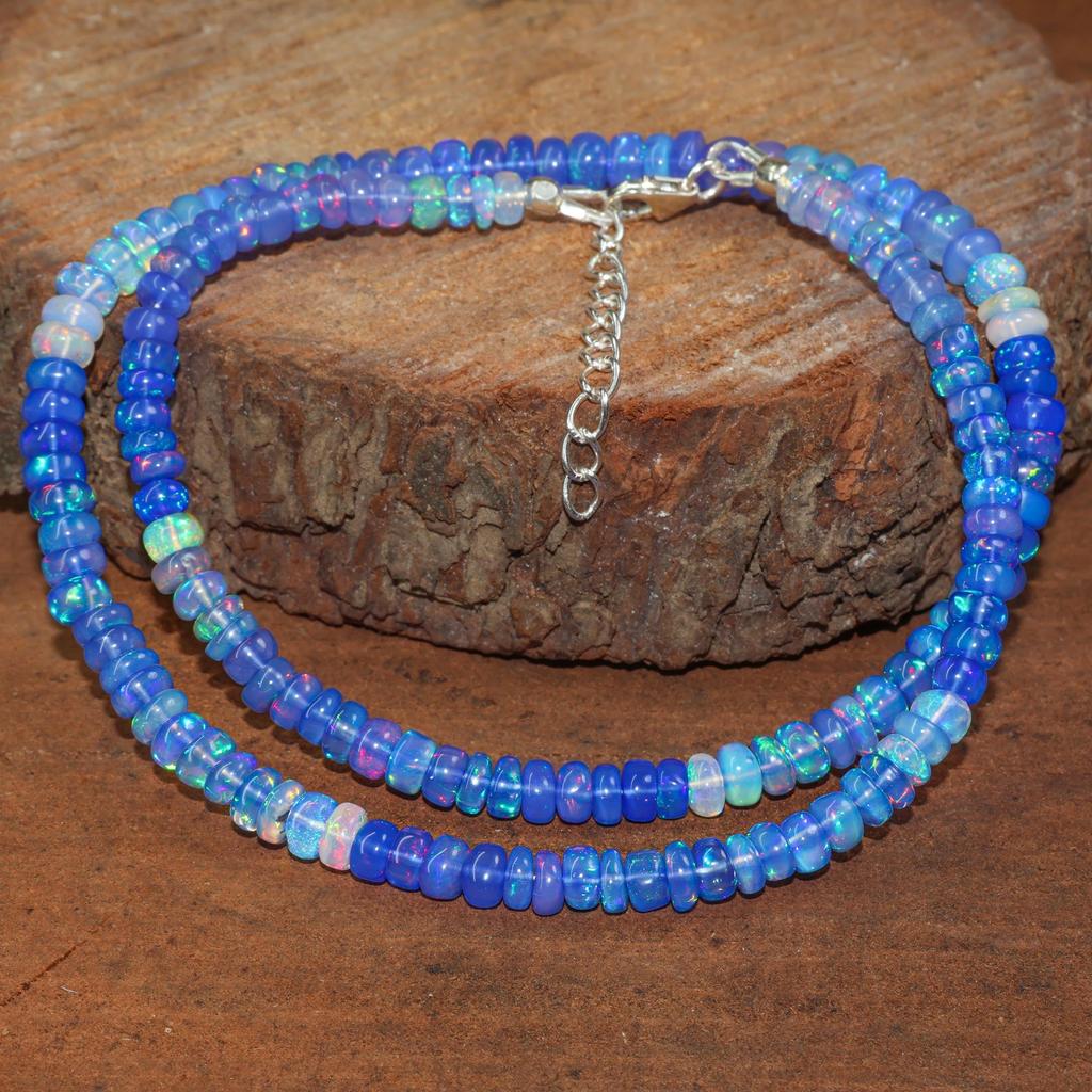 Natural Blue Opal Gemstone Dainty Beaded Necklace, Ethiopian Opal Handmade Necklace, Birthstone Necklace, Minimalist Necklace, Gift for Her
