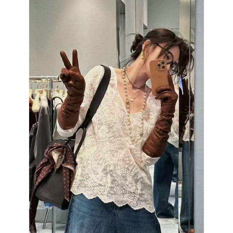 

K-стиль Нежный вязаный ажурный V-образный вырез Длинные рукава Кружевная рубашка Базовая рубашка для женщин 2025 Весна Маленький рубашечный топ Тренд Beige S