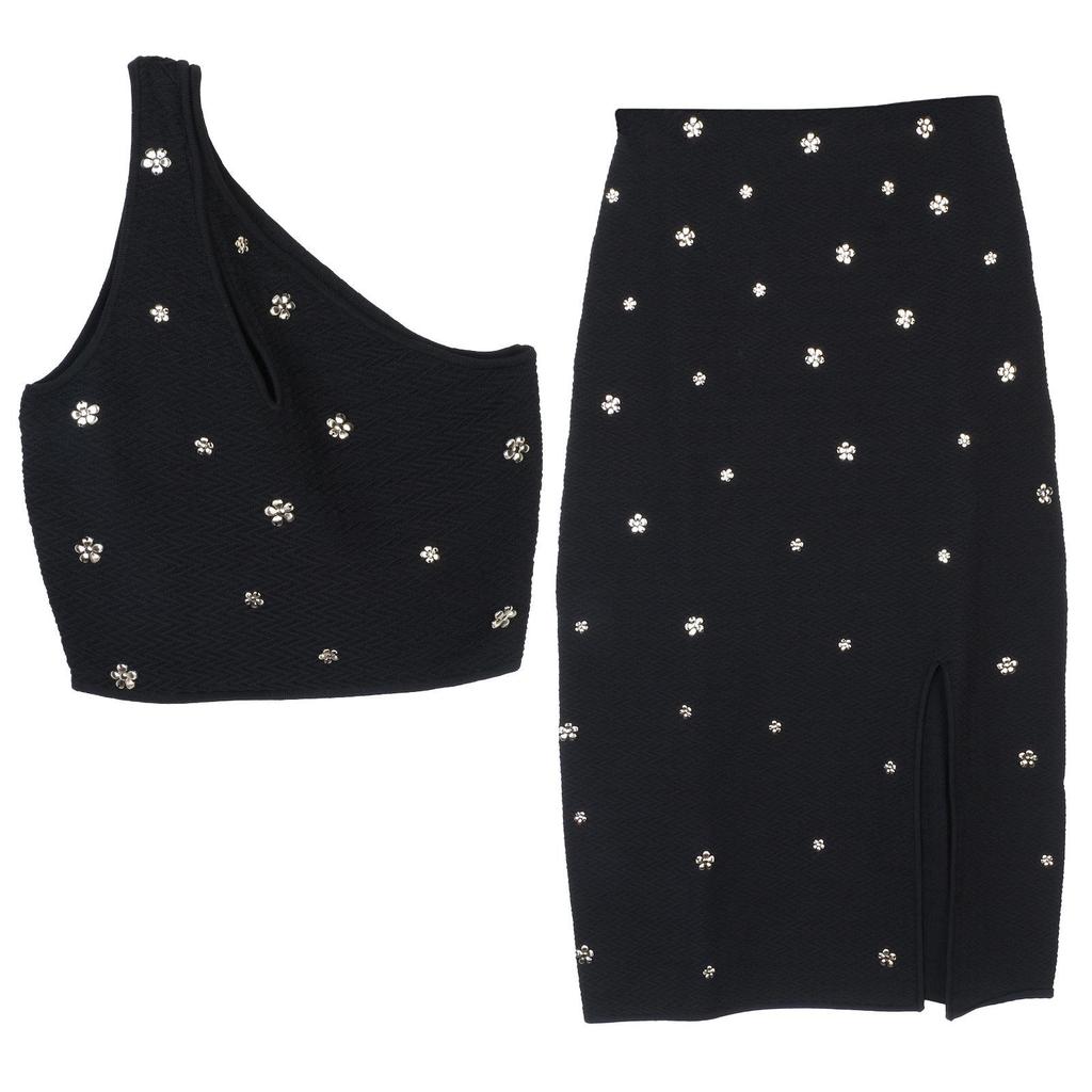 S Family Spring/Summer Sequin Buckle One-Shoulder Knitted Camisole & Black Midi Skirt Set for Women