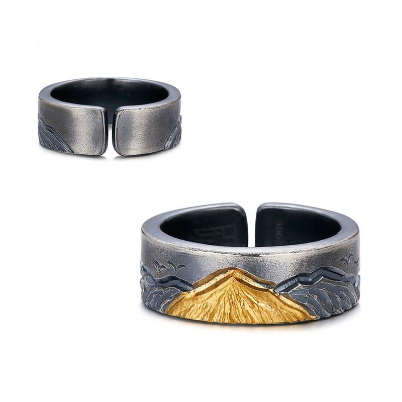 Regulowany Otwarty Pierścionek Mężczyźni Kobiety Sterling Geometryczny Górski Wzór Styl Vintage Ręcznie Robiony Amulet Szczęścia