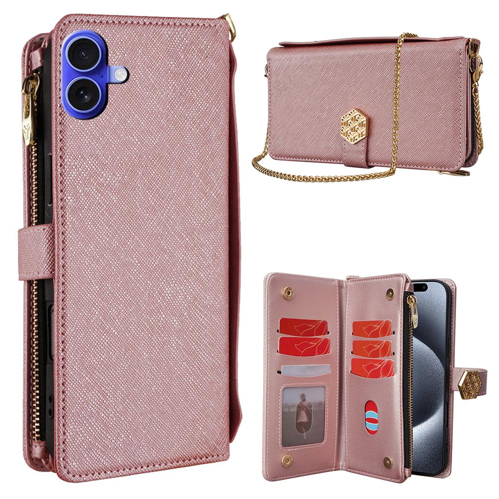 For iPhone 16 Case Cross Texture PU Leather+TPU Wallet Phone Cover with Strap B