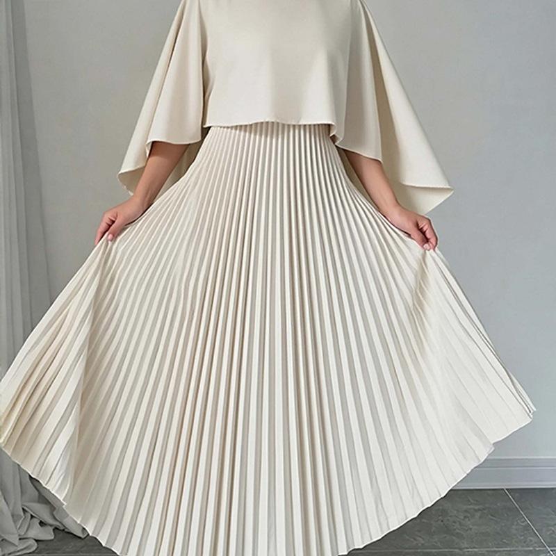 2026 Cross-border Foreign Trade Women's Clothing, New Spring Models In Europe, America, Casual Solid Color Bat Sleeve Pleated Irregular Skirt Set