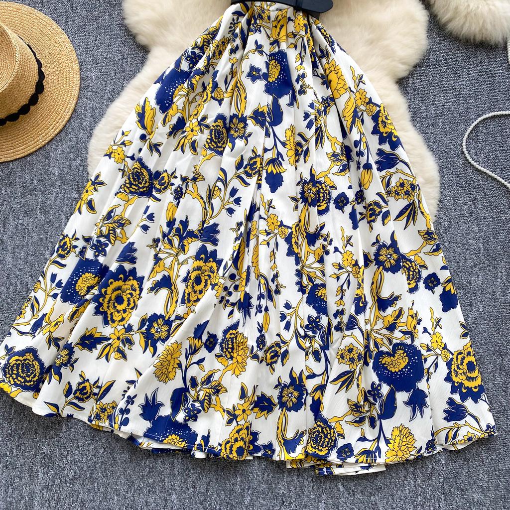 Women's Lapel Collar Vintage Midi Shirt Dress Summer Runway Pleated Short Sleeve Retro Jungle Print Belt Ladies Midi Dresses