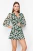 Women's Fashion New Jumpsuit Green Floral Pattern Cut Out Detailed Mini Lined Chiffon Woven Jumpsuit