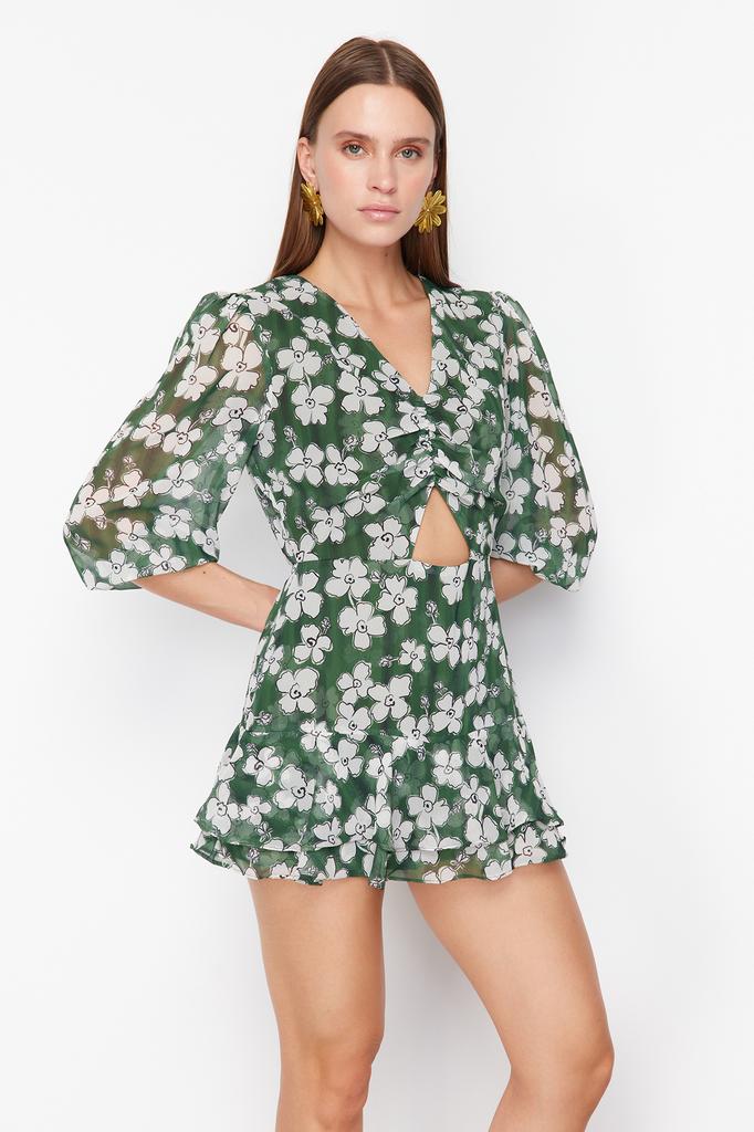 Women's Fashion New Jumpsuit Green Floral Pattern Cut Out Detailed Mini Lined Chiffon Woven Jumpsuit