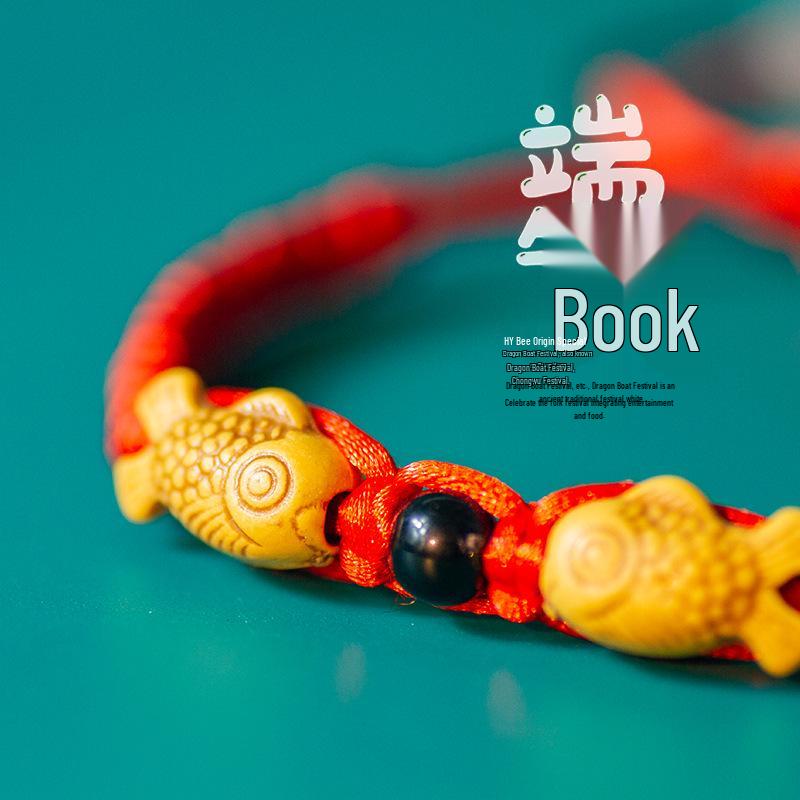 Dragon Boat Festival Zodiac Bracelet: Handmade Red Woven Rope with Double Fish Charm