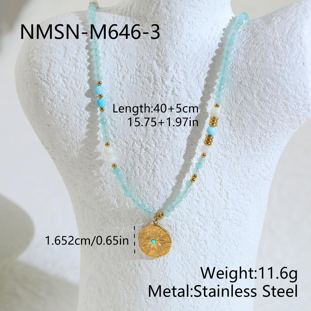Stainless steel multi-layer stacked turquoise bead sun round necklace bohemian vacation wind collarbone chain
