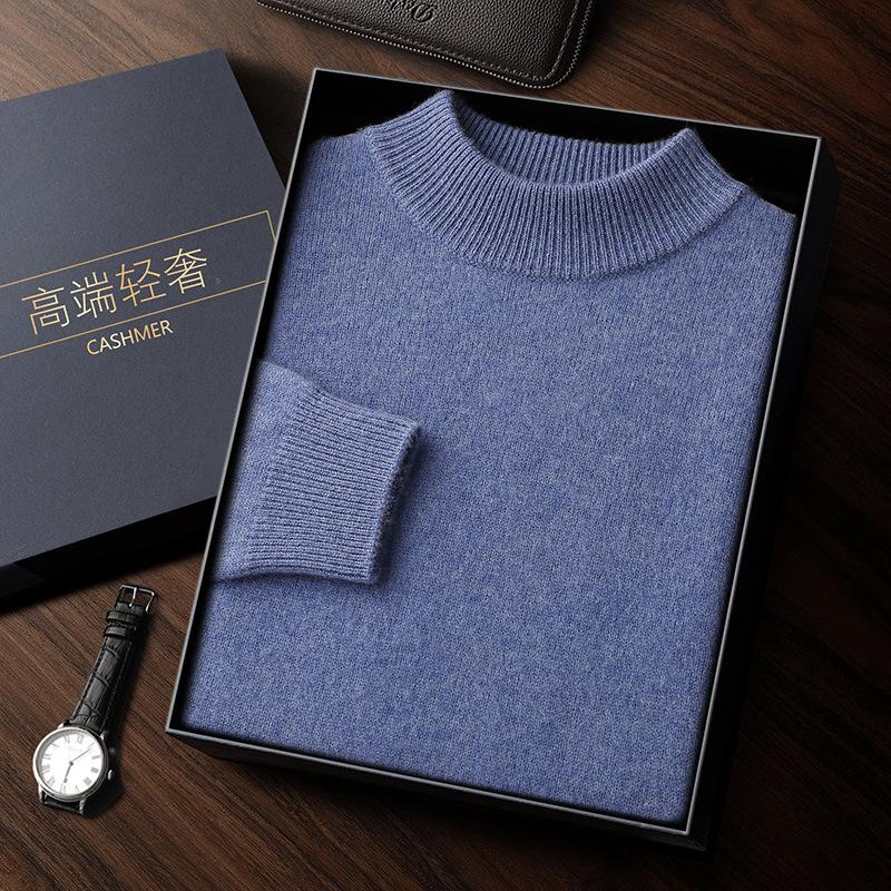 Men's Double-Thick Lamb Cashmere Sweater, Solid Color, Round Neck, Autumn/Winter Base Layer.