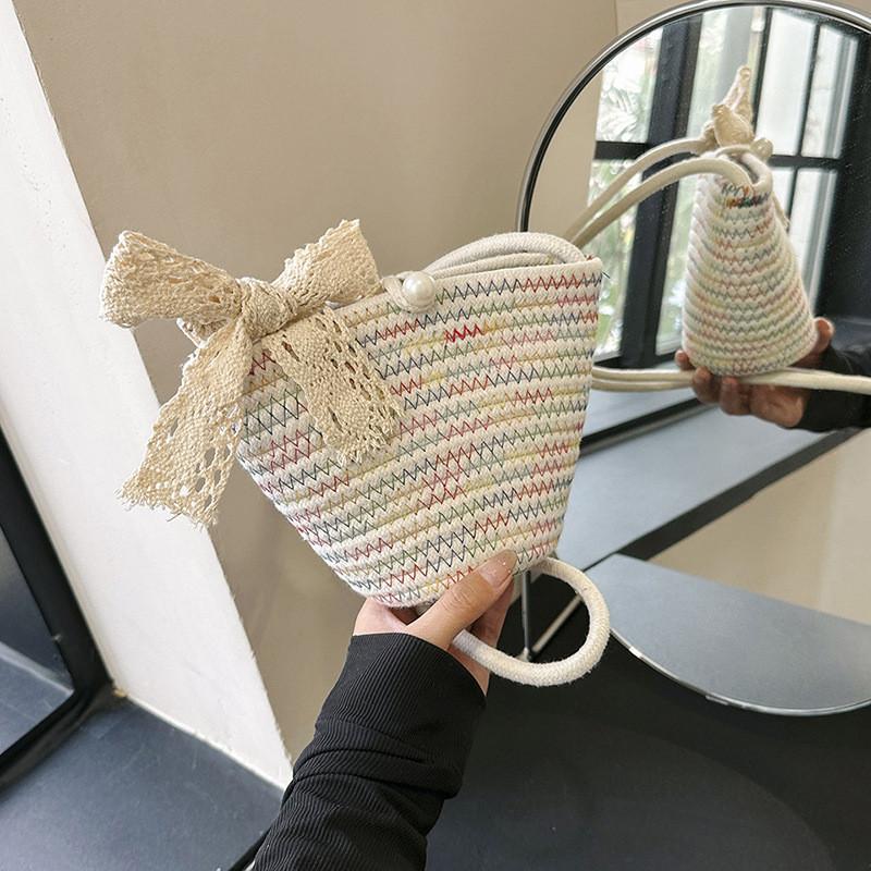 Elegant Soft Woven Bucket Bag For Women Casual Summer Style Shoulder Handbag In Khaki Red And Colorful