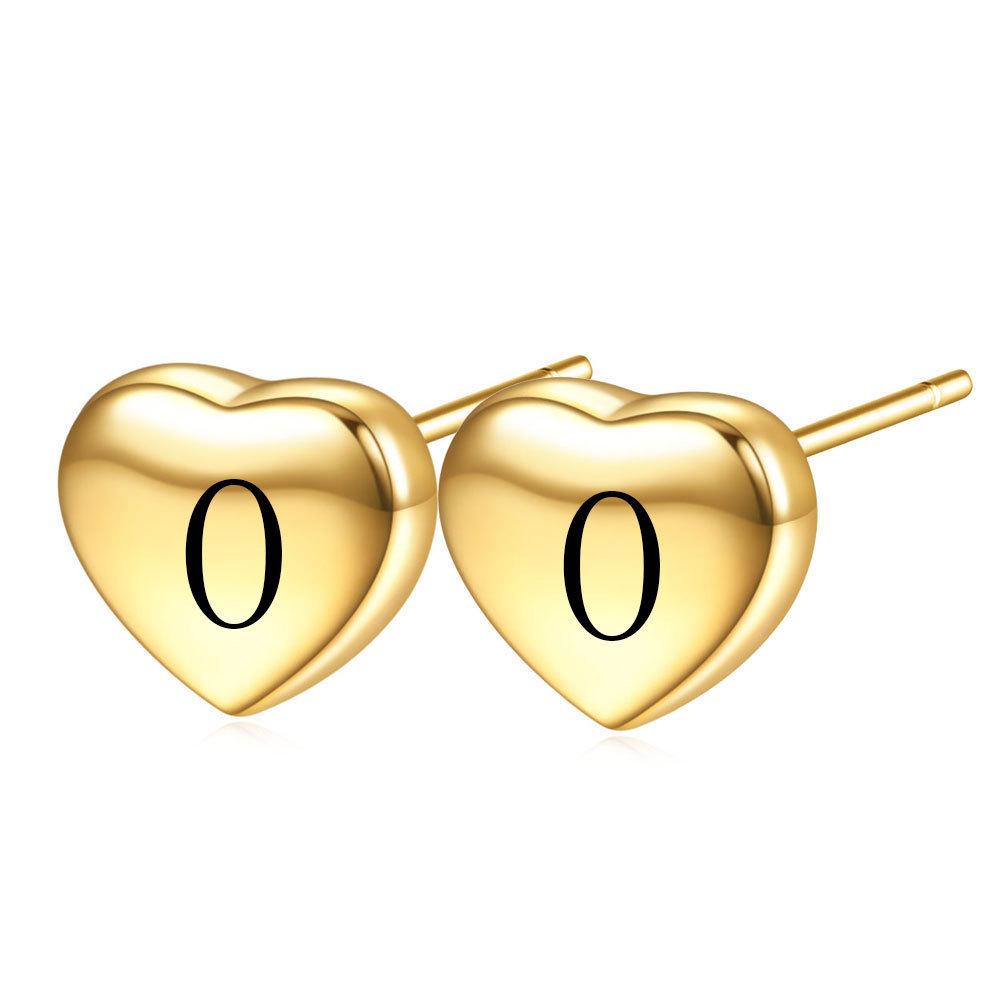 18K Gold Heart-Shaped Stud Earrings with Laser Engraved English Letters, Smooth Surface, 9MM, for Women.
