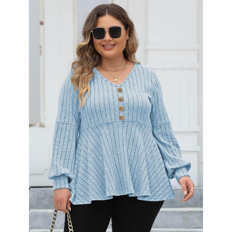 Women S Plus Size Fall Winter Knit Top Lantern Sleeve Button Decorated Pullover Sweater