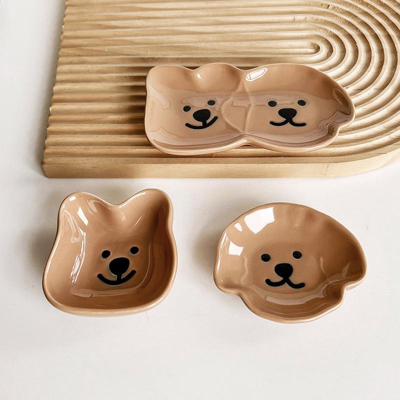 Adorable Ceramic Sauce Dish With Cute Dog & Bear Design - Single/Double Compartment Dip Bowl For Condiments, Snacks, Sushi, Soy