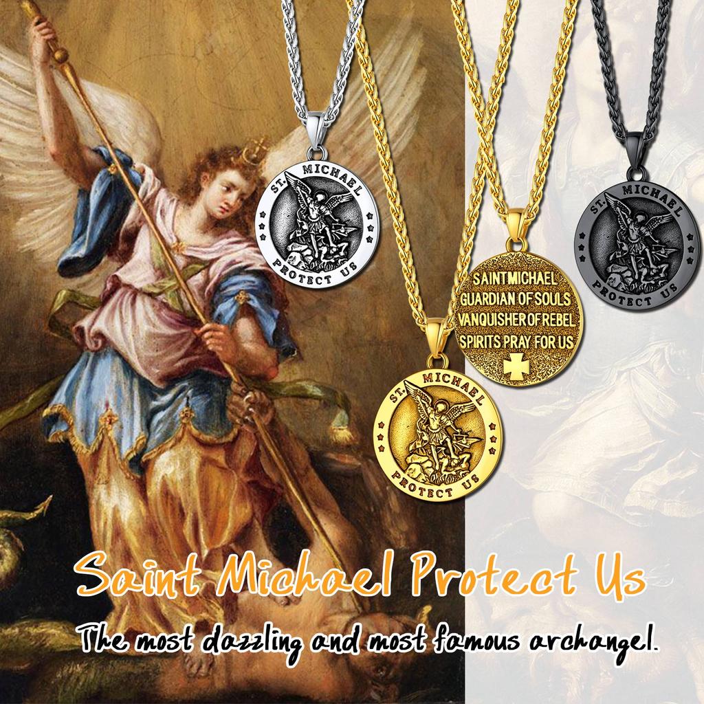 U7 Round Medal St Michael Necklaces for Men Stainless Steel Catholic Protection Amulet Archangel Pendant 22" Chain Jewelry Gift