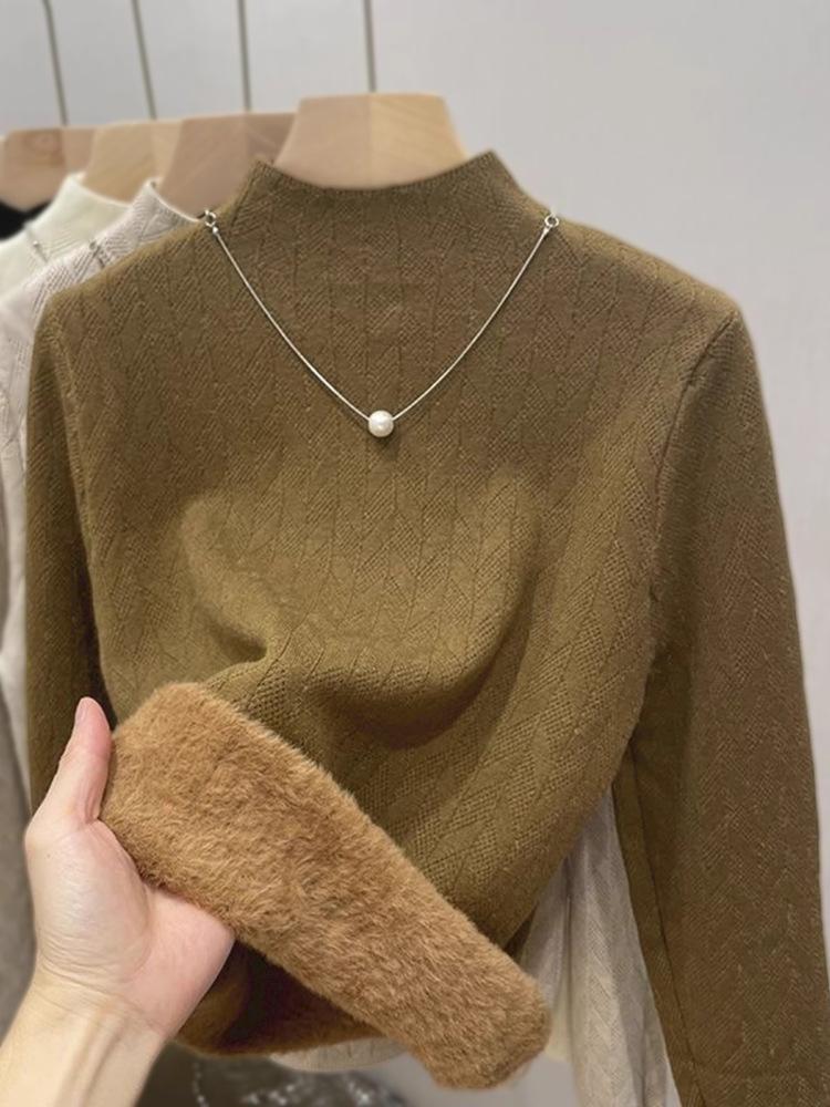 

Женский свитер с полувысоким воротником, новый осенне-зимний, утолщенный, с цельным флисом, базовая рубашка, облегающий вязаный топ average size [recommended 80-60kg]