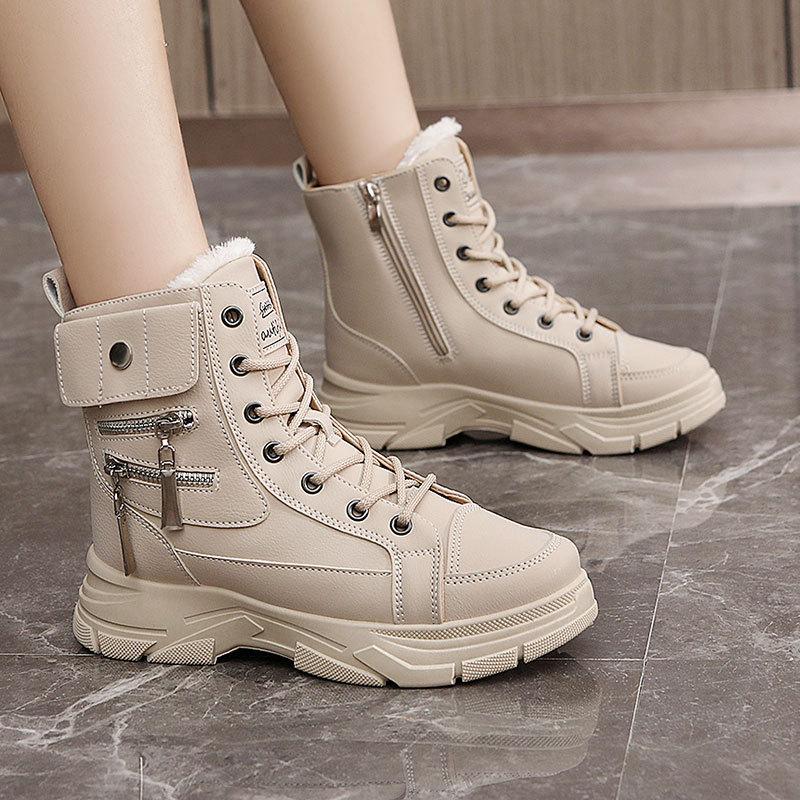 New Autumn and Winter Women's Solid Color Velvet Mid-top Cotton Shoes, Snow Boots Increase the Height and Keep Warm