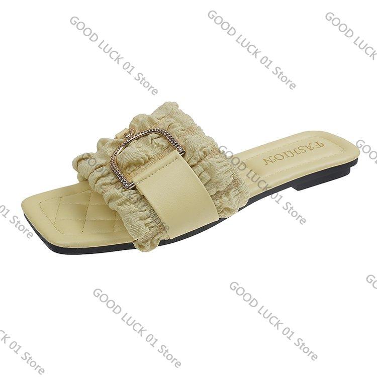 

Fashion Casual Velvet Surface Women s Sandals Summer Outdoor Wear Fairy Sle Square Head Flat Bot Slippers Versatile Large Size S... 35 жовтий