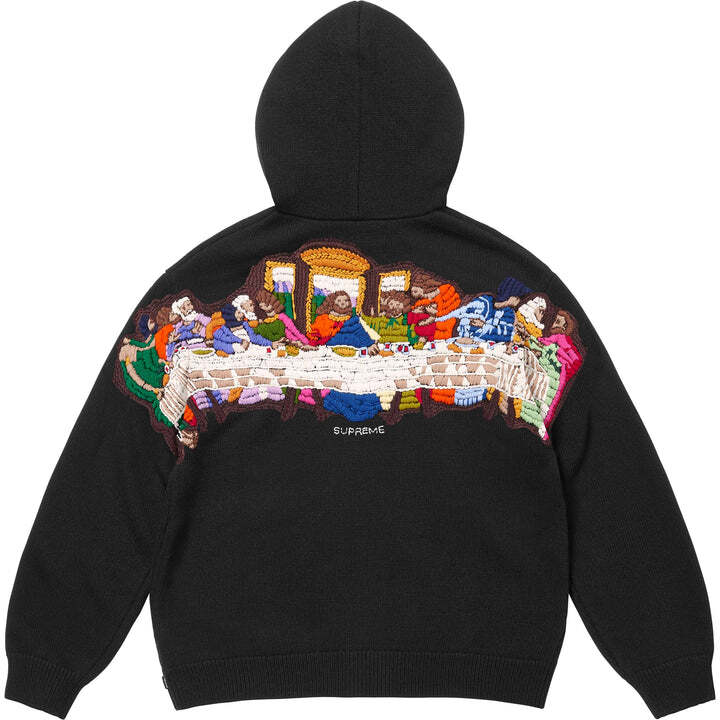 Supreme Pulover cu glugă și fermoar brodat Cina cea de Taină Negru