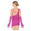 Children‘s Sparkly Rhinestone Latin Outfit Sleeveless Asymmetric Neck Sequin Tassel Bodysuit and Mesh Gloves for Stage Performance