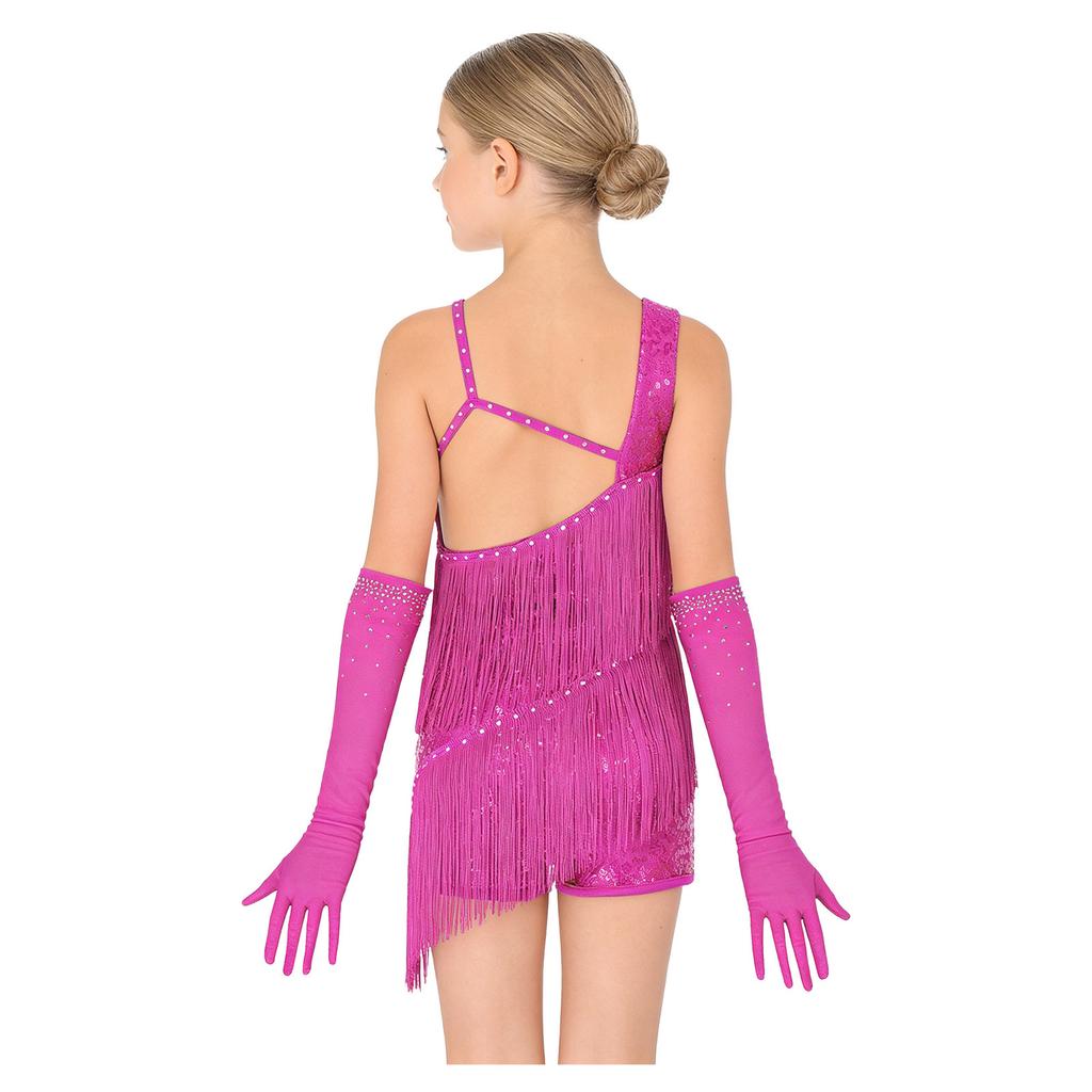 Children‘s Sparkly Rhinestone Latin Outfit Sleeveless Asymmetric Neck Sequin Tassel Bodysuit and Mesh Gloves for Stage Performance