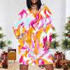 Women Plus Size V Neck Long Sleeve Pink Yellow Blue Printed Fitted Dress