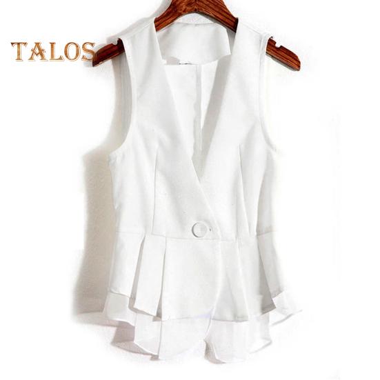 Lady Women Vest Coat Single Button Closure Sleeveless Pleated Ruffle Mesh Patchwork Slim Fit Suit Coat Solid Color Casual Daily Wear Waistcoat