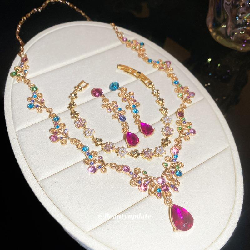 Diamond Bow Flower Pendant Earrings Necklace Bracelet Jewelry Set Light Luxury Dress Court Temperament Jewelry