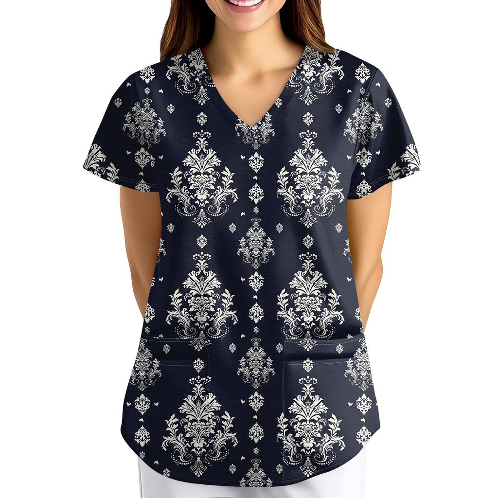 Nadměrná velikost Potištěný pracovní oděv Halenky pro dámský překřížený výstřih do V Potisk Krátký rukáv Zábavná trička Pracovní oděv Tričko s kapsami