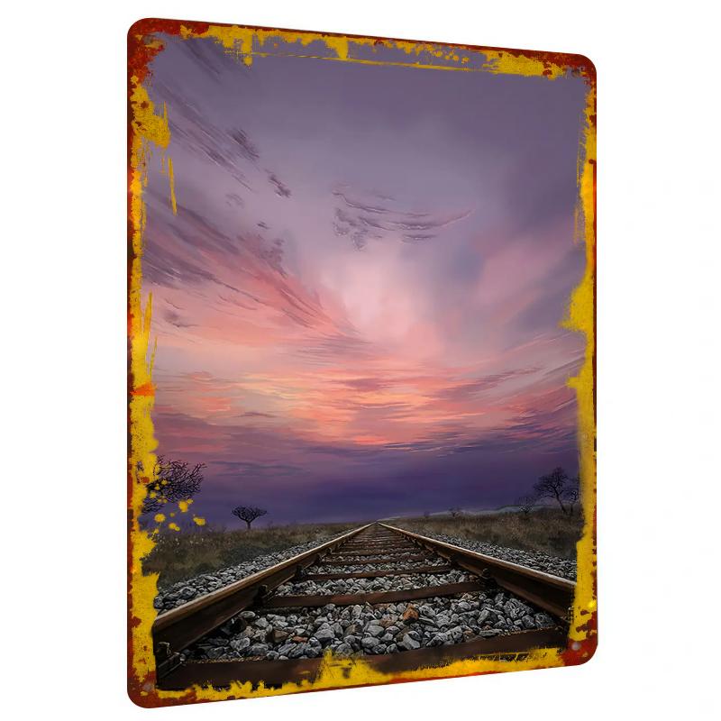 

Twilight Railway Tracks Stretching to Gorgeous Sunset Metal Iron Painting Home Wall Decor Living Room Porch Creative Hanging Art 20x30cm（7.8x11.8inch）