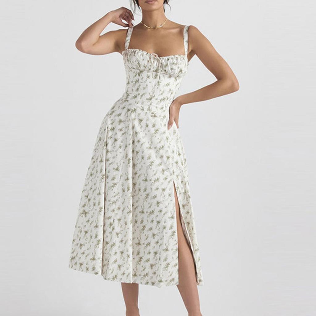 Women's Square Neck Puff Short Sleeve Maxi Dress Slim Fit High Waist Elegant Floral Print Side Slit Dress